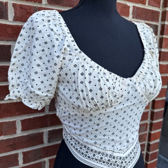 Japna Cropped Top Medium Cream Print Smocked Milkmaid Puff Sleeve Festival - Picture 3 of 7